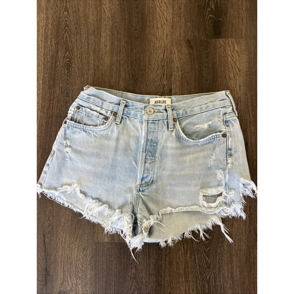 AGOLDE Parker High Rise Distressed Denim Shorts Light Wash Size 26 Boho Festival - Picture 3 of 9